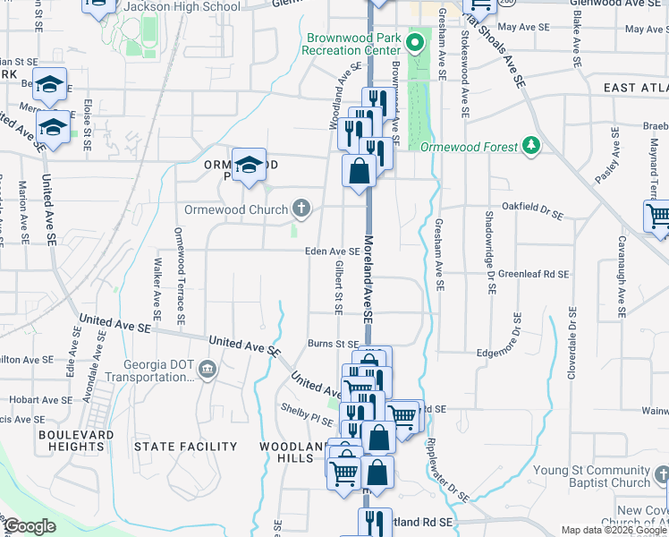 map of restaurants, bars, coffee shops, grocery stores, and more near 933 Gilbert Street Southeast in Atlanta