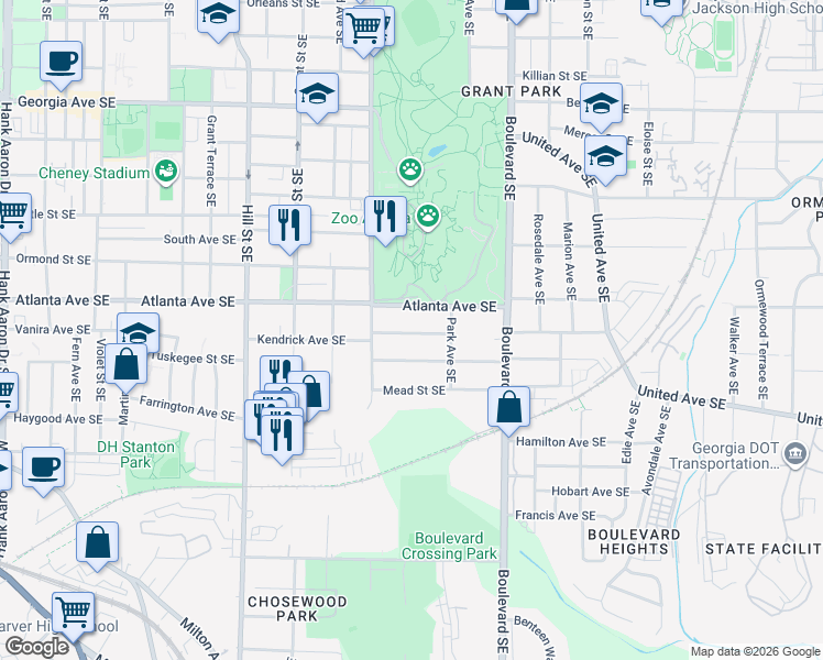 map of restaurants, bars, coffee shops, grocery stores, and more near 469 Kendrick Avenue Southeast in Atlanta