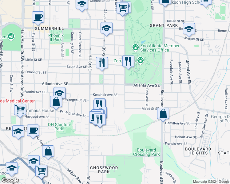 map of restaurants, bars, coffee shops, grocery stores, and more near 380 Kendrick Avenue Southeast in Atlanta