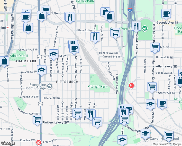 map of restaurants, bars, coffee shops, grocery stores, and more near 950 Garibaldi Street Southwest in Atlanta