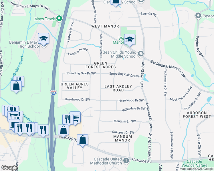 map of restaurants, bars, coffee shops, grocery stores, and more near 3261 Ardley Road Southwest in Atlanta