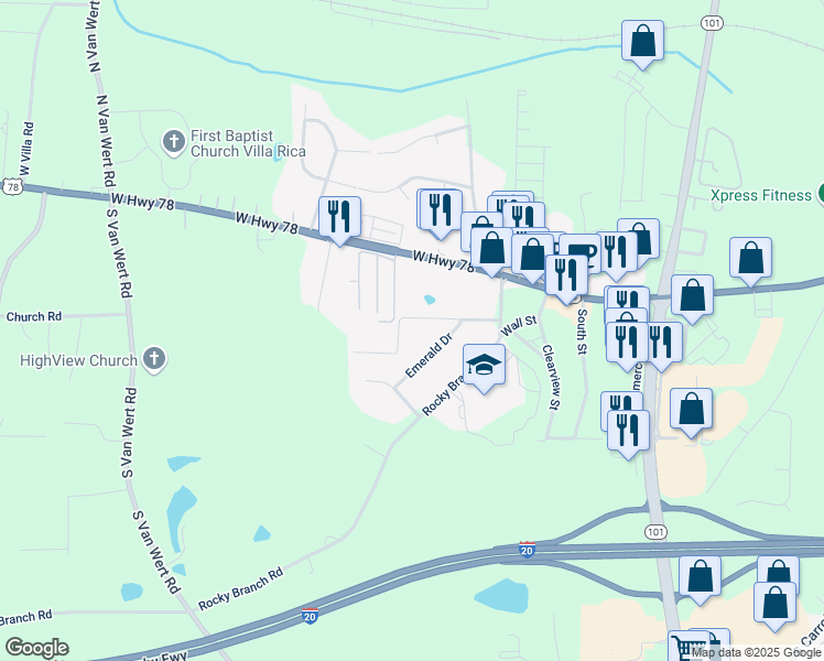map of restaurants, bars, coffee shops, grocery stores, and more near 1024 Topaz Lane in Villa Rica