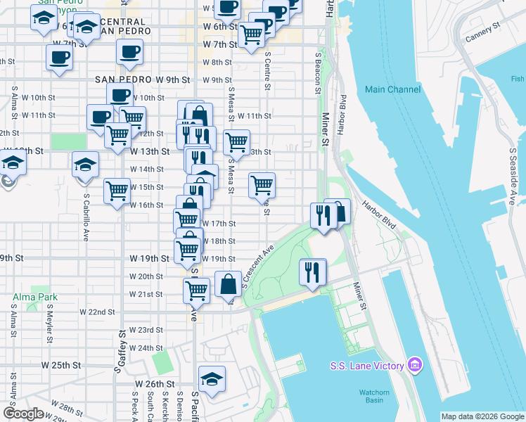 map of restaurants, bars, coffee shops, grocery stores, and more near 1639 South Centre Street in Los Angeles