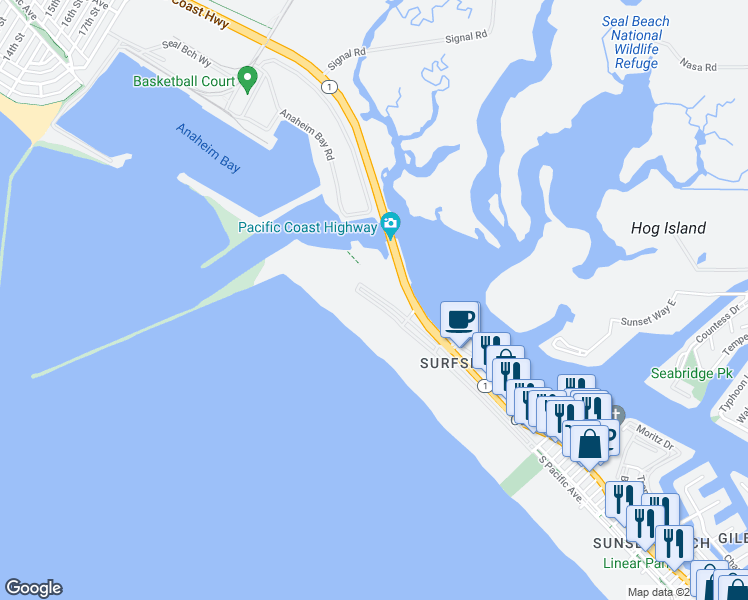 map of restaurants, bars, coffee shops, grocery stores, and more near 108 Surfside Avenue in Seal Beach