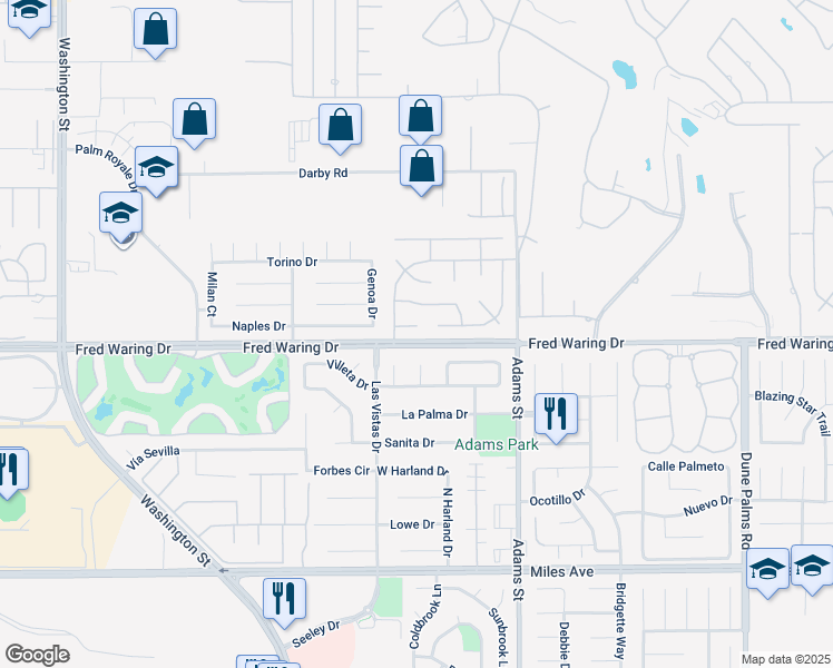 map of restaurants, bars, coffee shops, grocery stores, and more near 78865 Meridian Way in La Quinta