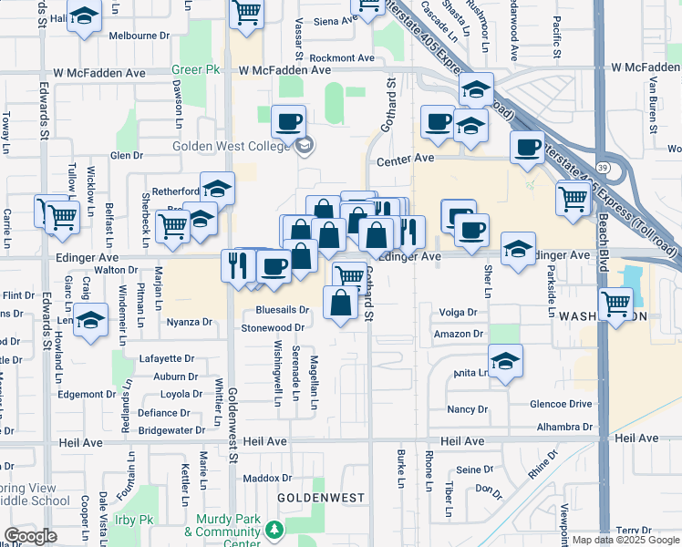 map of restaurants, bars, coffee shops, grocery stores, and more near 7290 Edinger Avenue in Huntington Beach