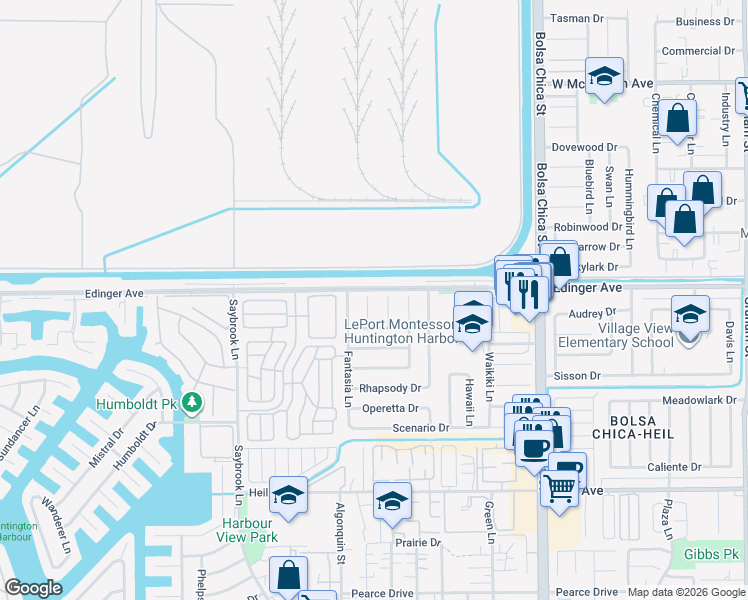 map of restaurants, bars, coffee shops, grocery stores, and more near 16041 Waltz Circle in Huntington Beach