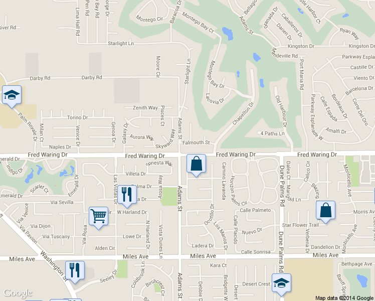 map of restaurants, bars, coffee shops, grocery stores, and more near 79140 Fred Waring Drive in Bermuda Dunes