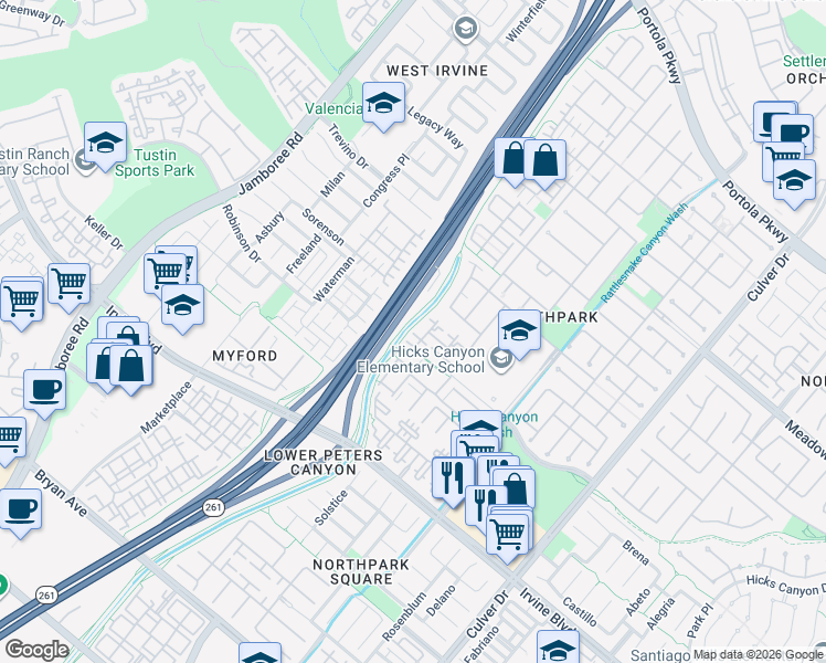 map of restaurants, bars, coffee shops, grocery stores, and more near 1007 Terra Bella in Irvine