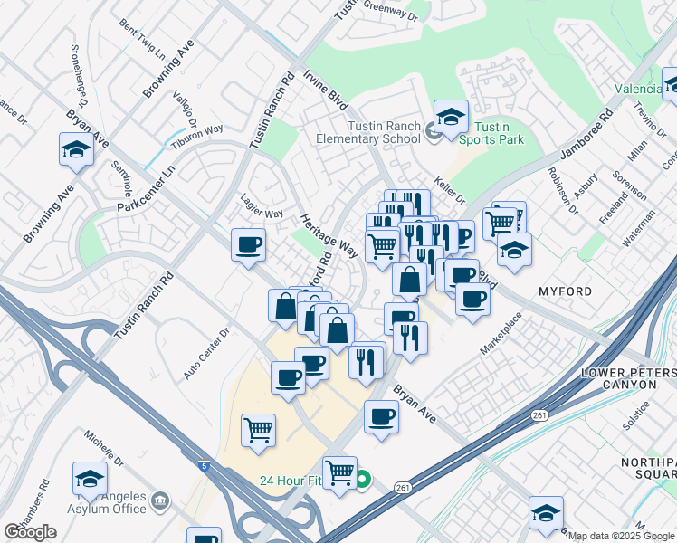 map of restaurants, bars, coffee shops, grocery stores, and more near 13362 Verona in Tustin