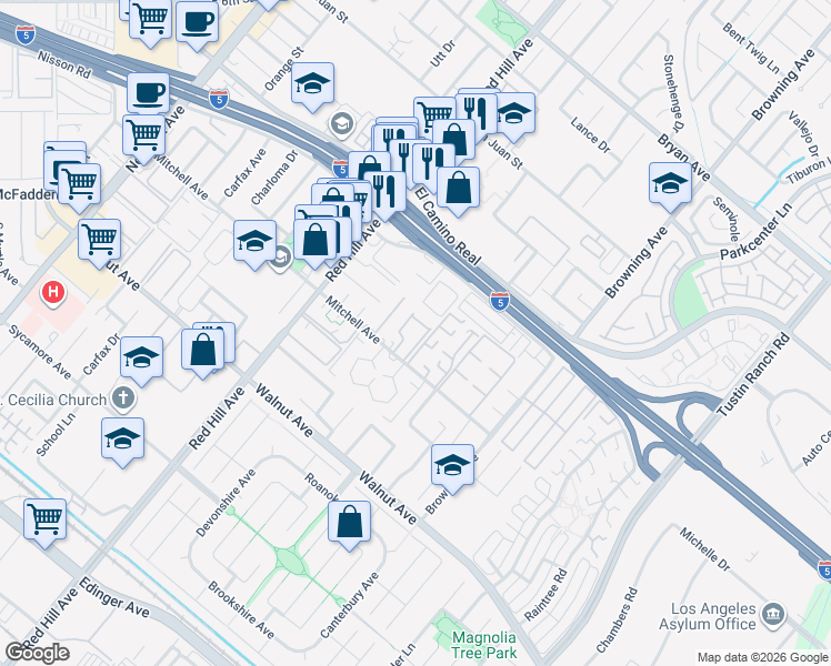 map of restaurants, bars, coffee shops, grocery stores, and more near 1731 Mitchell Avenue in Tustin