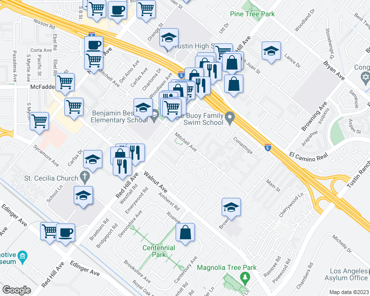 map of restaurants, bars, coffee shops, grocery stores, and more near 1618 Mitchell Avenue in Tustin