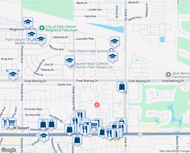 map of restaurants, bars, coffee shops, grocery stores, and more near 100 Calle Lantana in Palm Desert