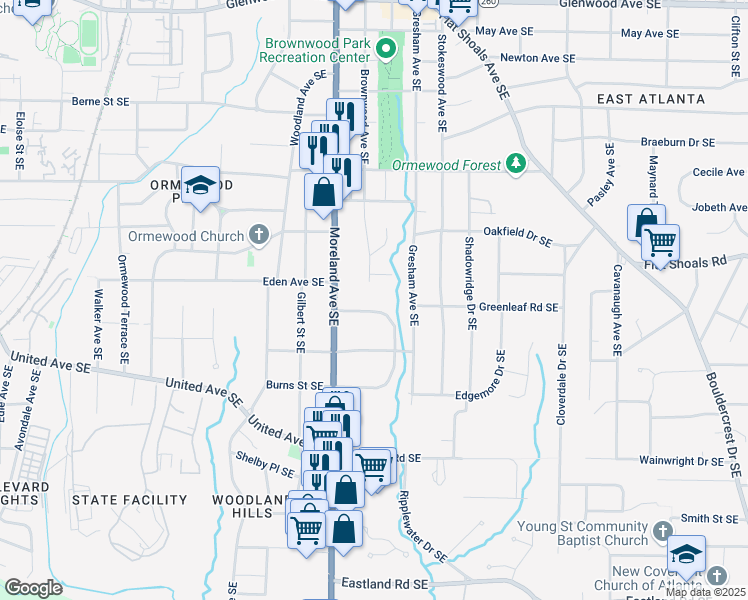 map of restaurants, bars, coffee shops, grocery stores, and more near 1218 Stoneybrook Drive Southeast in Atlanta
