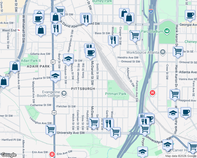 map of restaurants, bars, coffee shops, grocery stores, and more near 950 Smith Street Southwest in Atlanta