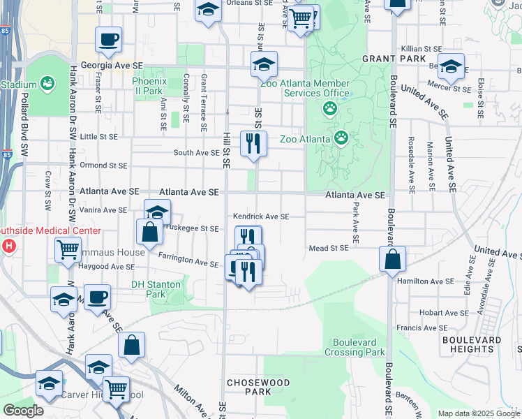 map of restaurants, bars, coffee shops, grocery stores, and more near 356 Kendrick Avenue Southeast in Atlanta