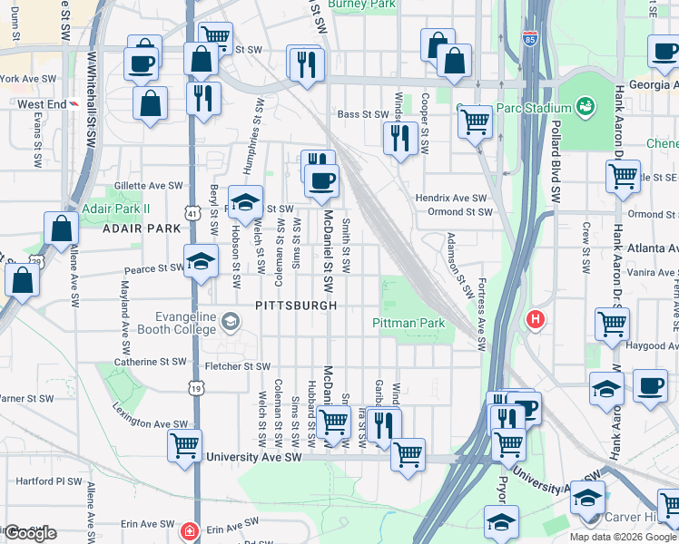 map of restaurants, bars, coffee shops, grocery stores, and more near 399 Mary Street Southwest in Atlanta