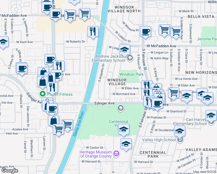 map of restaurants, bars, coffee shops, grocery stores, and more near 1402 South Mohawk Drive in Santa Ana
