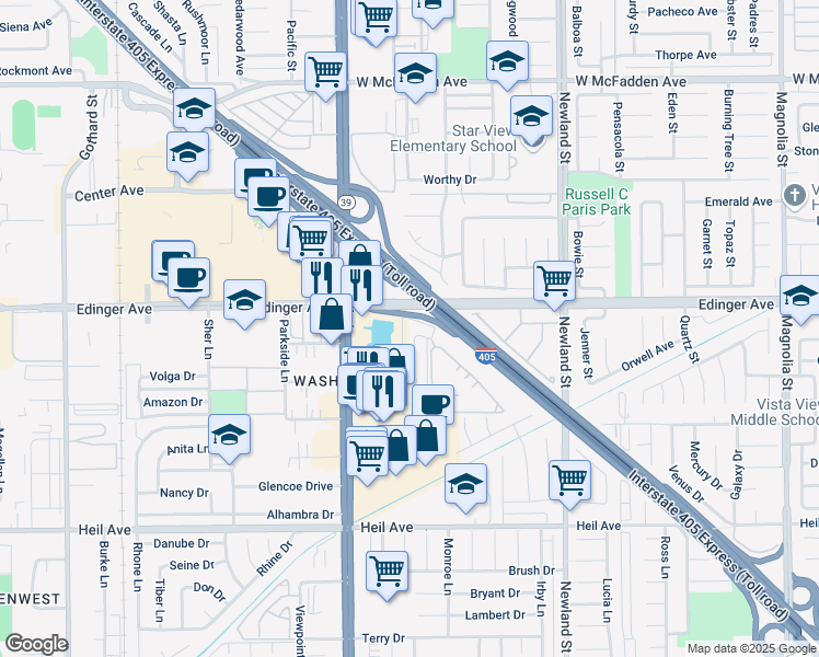 map of restaurants, bars, coffee shops, grocery stores, and more near 16081 Malaga Lane in Huntington Beach