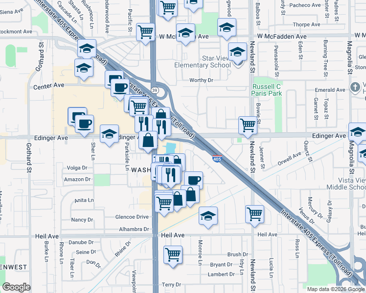 map of restaurants, bars, coffee shops, grocery stores, and more near 8131 San Angelo Drive in Huntington Beach