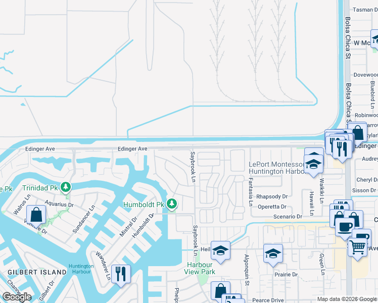 map of restaurants, bars, coffee shops, grocery stores, and more near 16083 Crete Lane in Huntington Beach