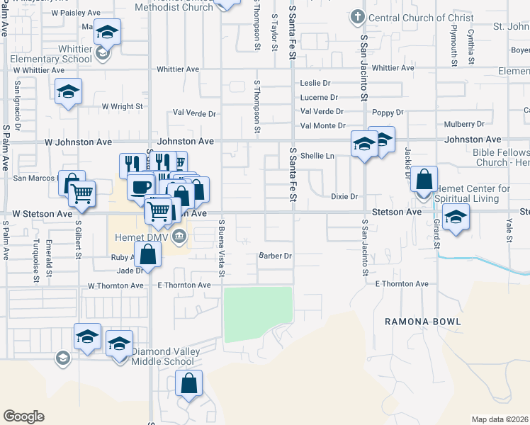 map of restaurants, bars, coffee shops, grocery stores, and more near Stetson Avenue & South Thompson Street in Hemet