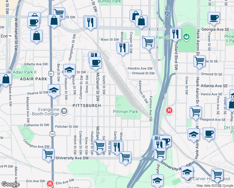 map of restaurants, bars, coffee shops, grocery stores, and more near 950 Garibaldi Street Southwest in Atlanta
