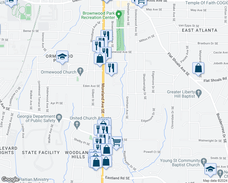 map of restaurants, bars, coffee shops, grocery stores, and more near 1218 Stoneybrook Drive Southeast in Atlanta