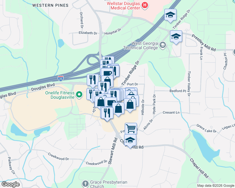 map of restaurants, bars, coffee shops, grocery stores, and more near 4885 Lehigh Drive in Douglasville