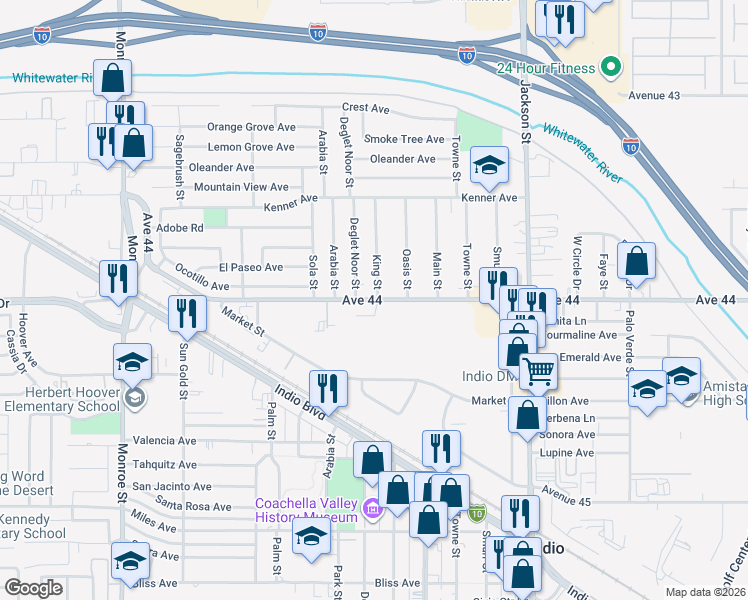 map of restaurants, bars, coffee shops, grocery stores, and more near Avenue 44 in Chiriaco Summit
