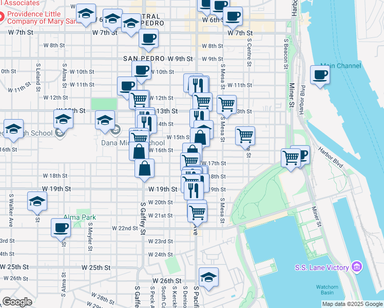 map of restaurants, bars, coffee shops, grocery stores, and more near 524 West 17th Street in Los Angeles