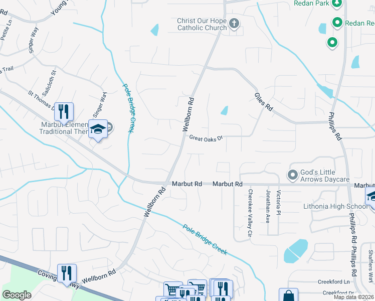 map of restaurants, bars, coffee shops, grocery stores, and more near 5968 Wellborn Trce in Lithonia