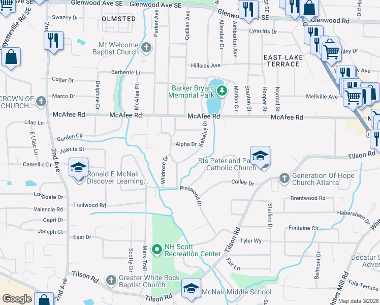 map of restaurants, bars, coffee shops, grocery stores, and more near 2102 Keheley Drive in Decatur