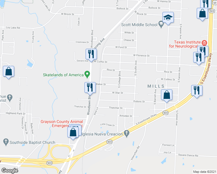 map of restaurants, bars, coffee shops, grocery stores, and more near 1020 West Baker Street in Denison