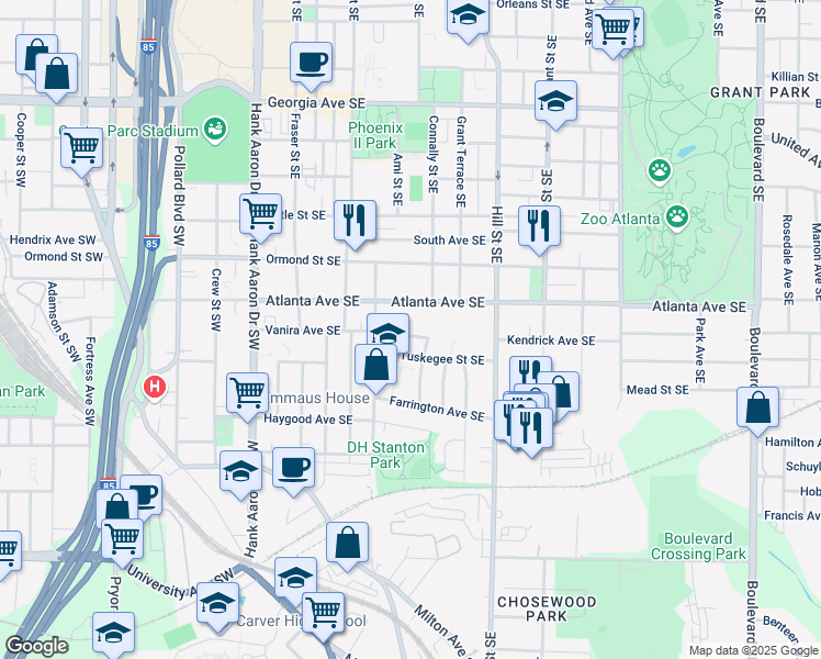 map of restaurants, bars, coffee shops, grocery stores, and more near 184 Vanira Avenue Southeast in Atlanta