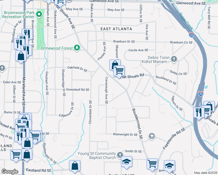 map of restaurants, bars, coffee shops, grocery stores, and more near 2115 Cavanaugh Avenue Southeast in Atlanta