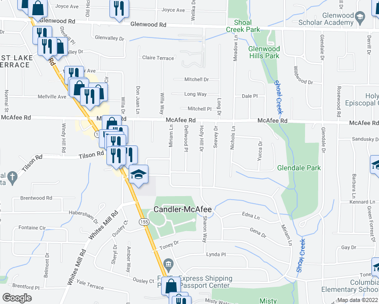 map of restaurants, bars, coffee shops, grocery stores, and more near 2080 Dellwood Place in Decatur