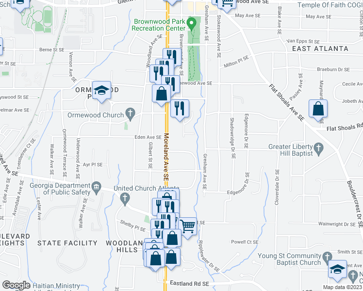 map of restaurants, bars, coffee shops, grocery stores, and more near 1214 Stoneybrook Drive Southeast in Atlanta