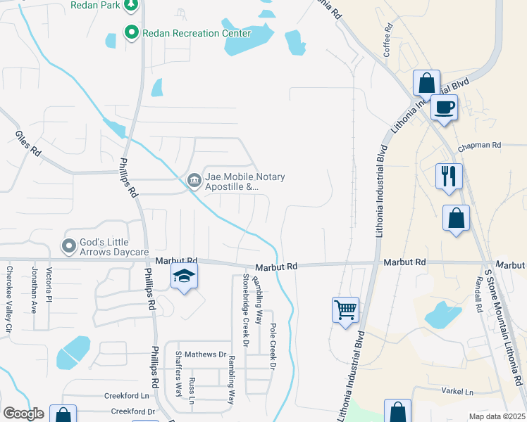 map of restaurants, bars, coffee shops, grocery stores, and more near 6521 Charter Way in Lithonia