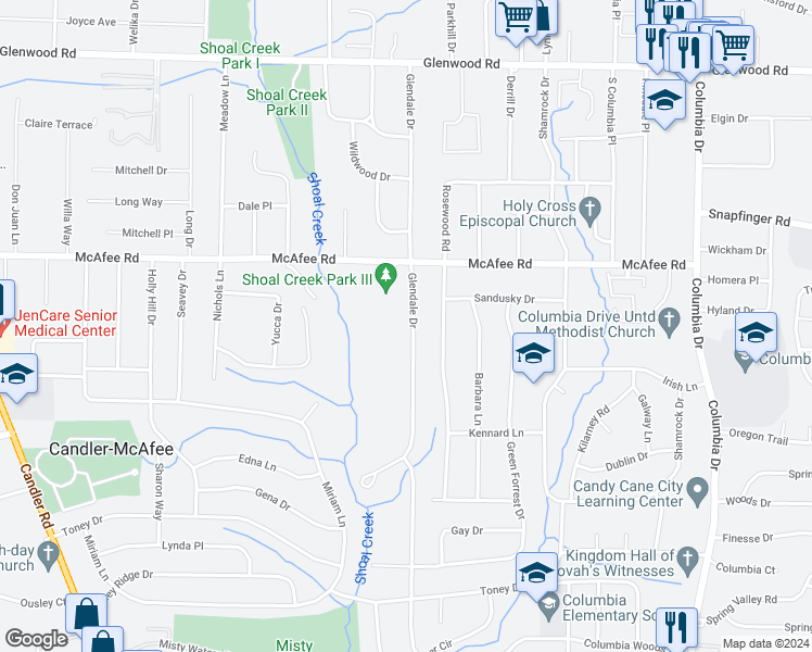 map of restaurants, bars, coffee shops, grocery stores, and more near 2073 Glendale Drive in Decatur