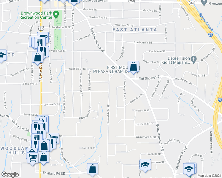 map of restaurants, bars, coffee shops, grocery stores, and more near 2102 Cloverdale Drive Southeast in Atlanta