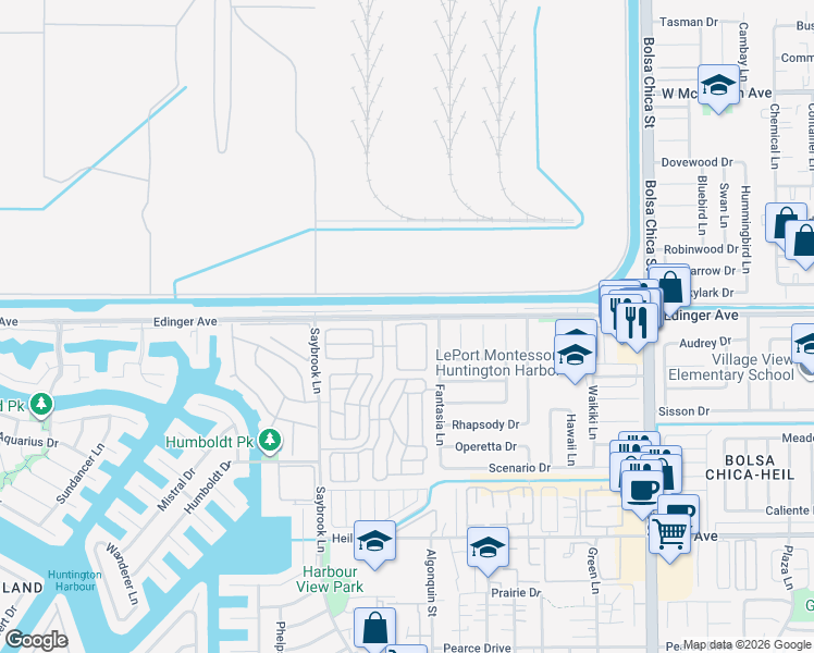 map of restaurants, bars, coffee shops, grocery stores, and more near 4458 Alderport Drive in Huntington Beach