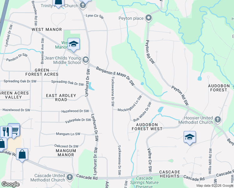 map of restaurants, bars, coffee shops, grocery stores, and more near 984 Tuckawanna Drive Southwest in Atlanta