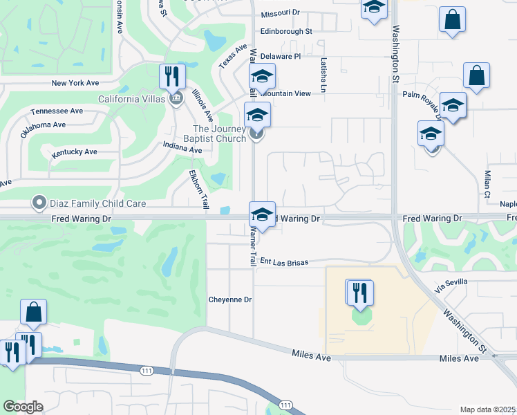 map of restaurants, bars, coffee shops, grocery stores, and more near 43922 Warner Trail in Palm Desert