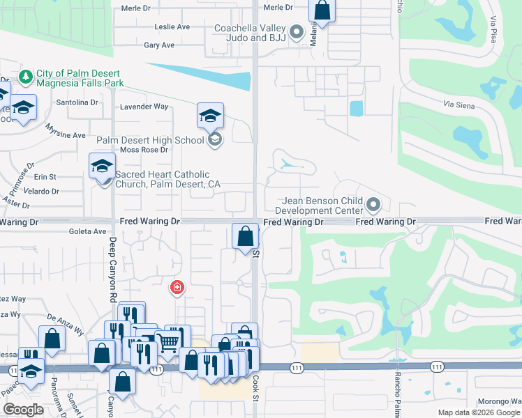 map of restaurants, bars, coffee shops, grocery stores, and more near 43911 La Carmela Drive in Palm Desert