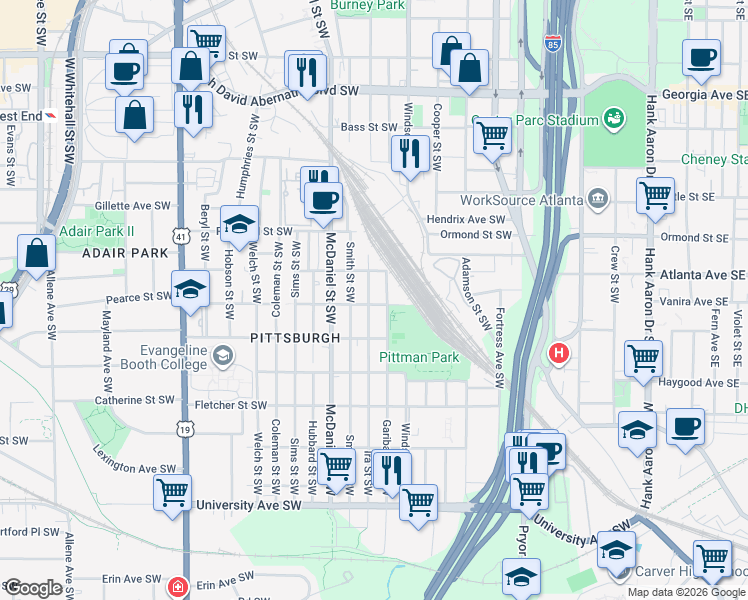 map of restaurants, bars, coffee shops, grocery stores, and more near 950 Smith Street Southwest in Atlanta