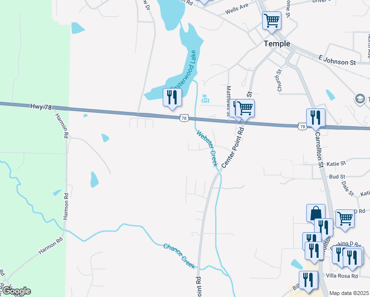 map of restaurants, bars, coffee shops, grocery stores, and more near 190 Sourwood Lane in Temple