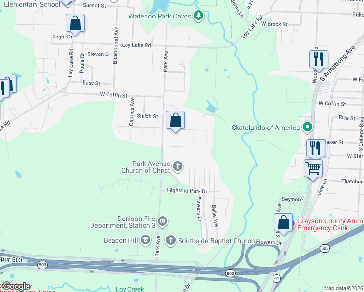 map of restaurants, bars, coffee shops, grocery stores, and more near 2030 Park Ridge in Denison