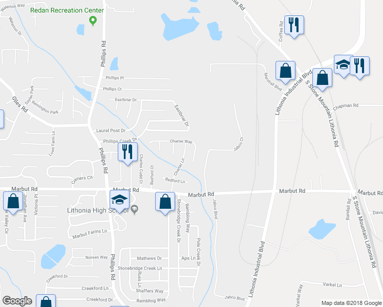 map of restaurants, bars, coffee shops, grocery stores, and more near 6509 Charter Way in Lithonia