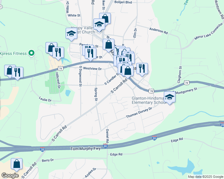 map of restaurants, bars, coffee shops, grocery stores, and more near 225 South Carroll Road in Villa Rica